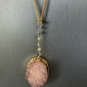 Pink Druzy Pendant with Gold Chain Long Y Necklace Boho